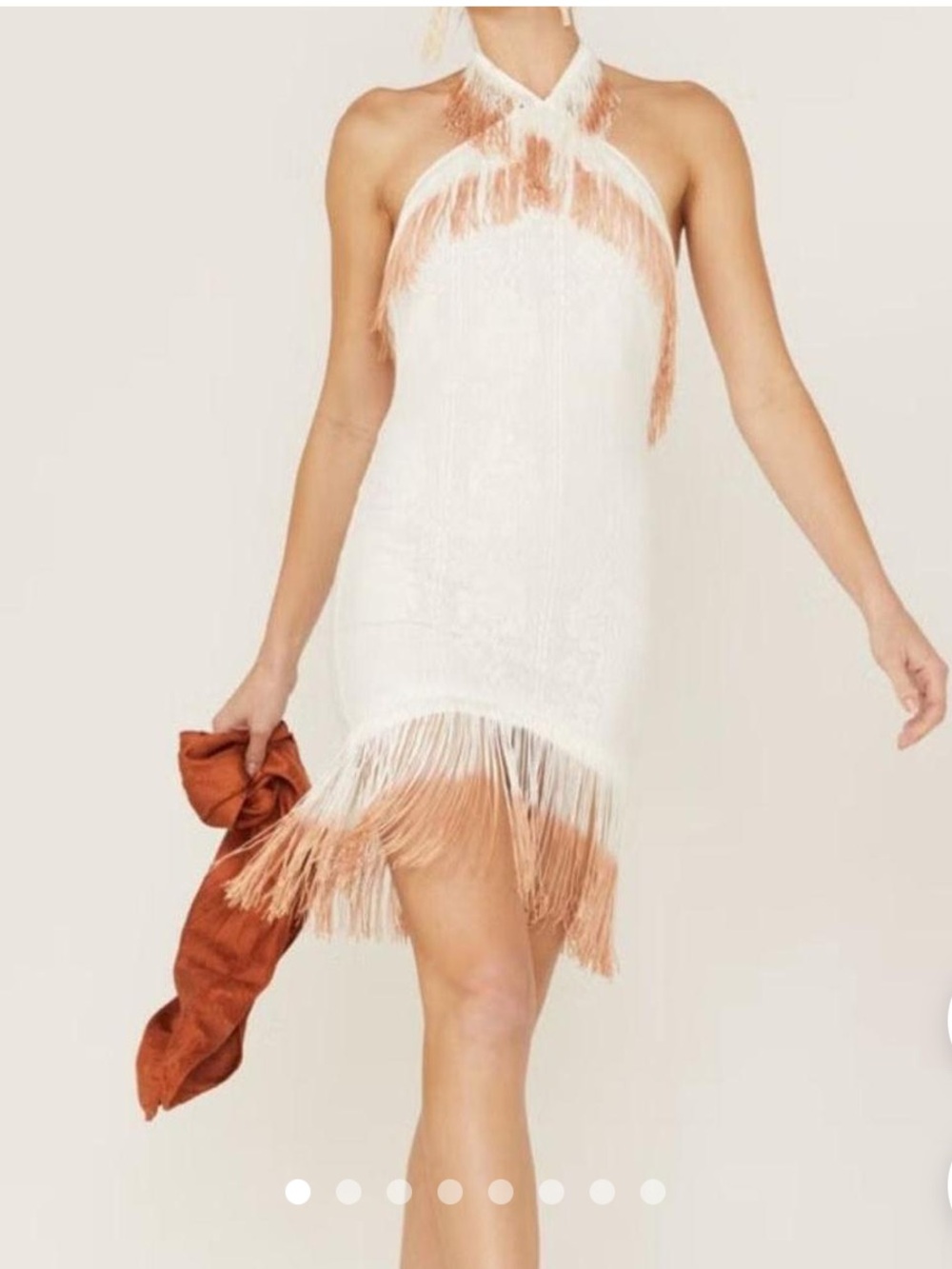 Shyanne XL White Lace Halter Fringe Mini Dress with Tan Trim NWT